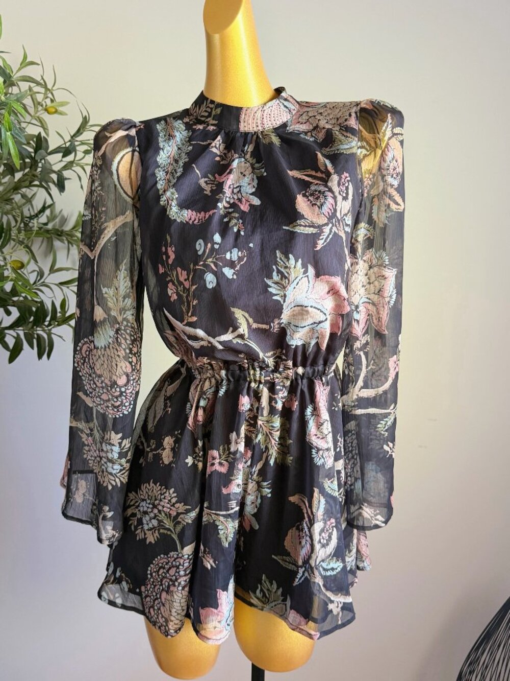 New Black Floral Chiffon Open Back Romper S
